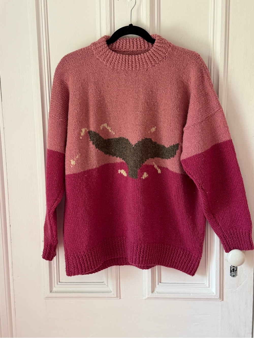 Women’s Handmade Two Tone Pink Whale Tail Long Sleeve Crew Neck Sweater Size L